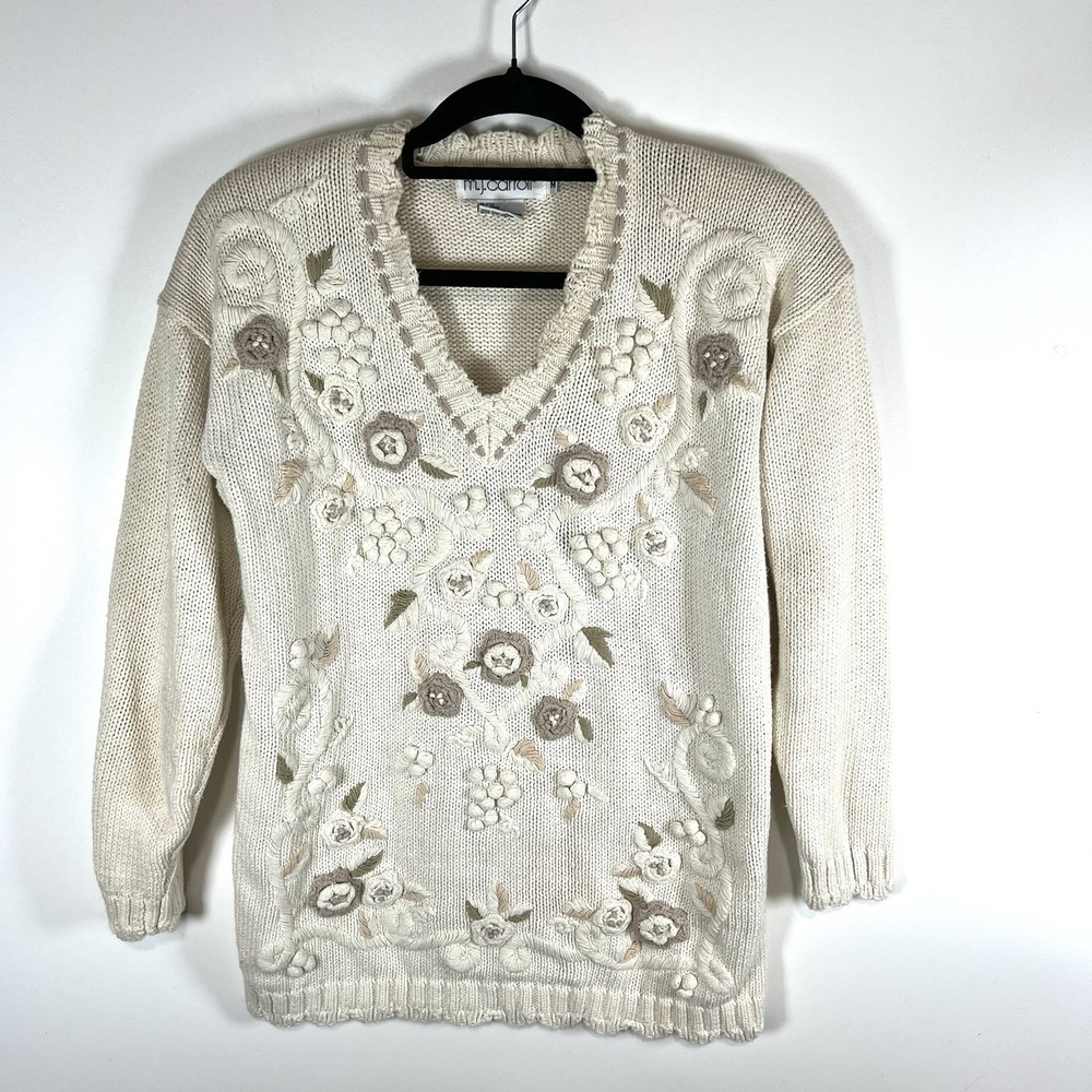Vintage M.j. Carroll Floral‎ Embroidered Sweater Women's Size Medium *flaws*
